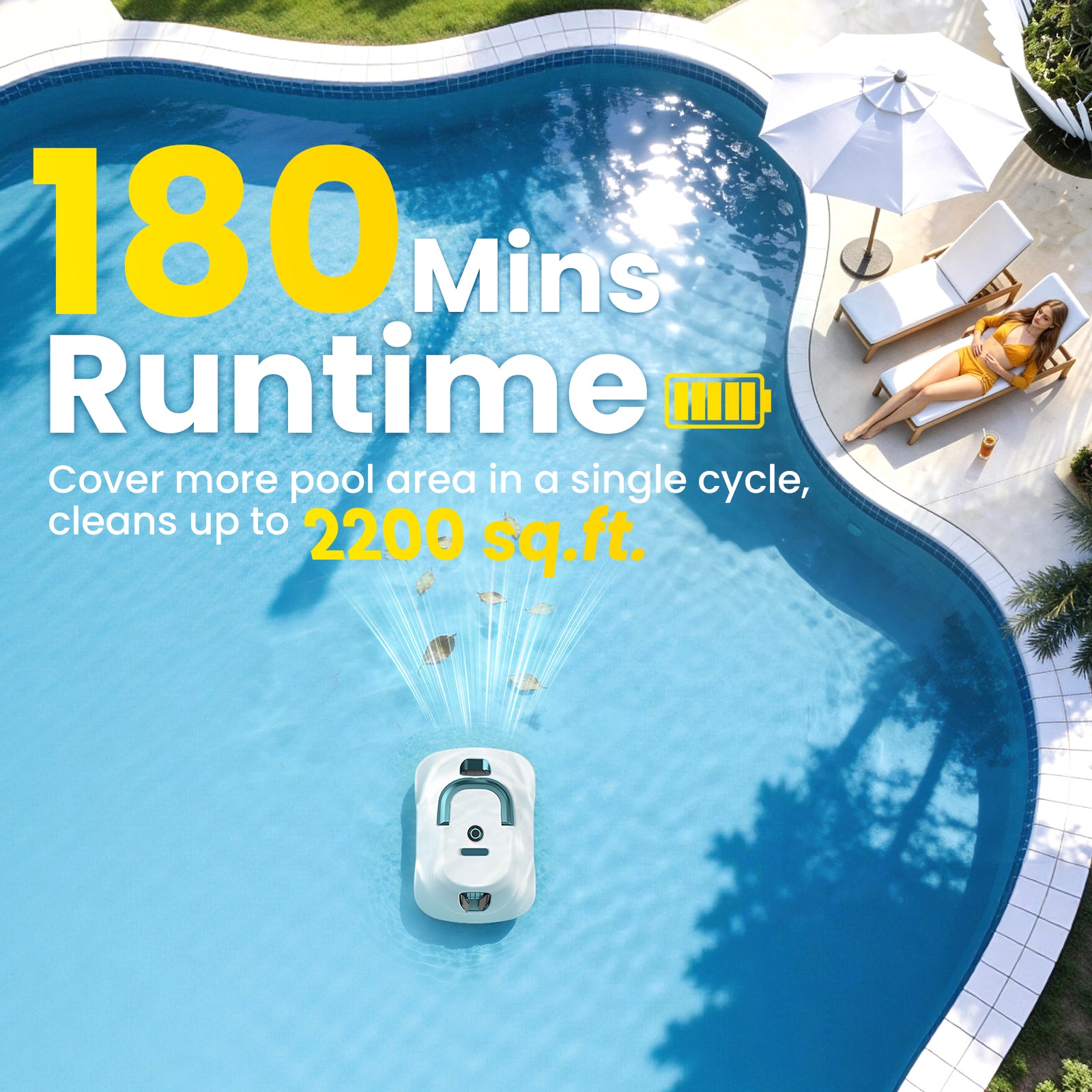 C5 Cordless Robotic Pool Cleaner, Automatic Pool Vacuum with 180-Min Runtime & Auto-Parking for Flat Above-Ground Pools up to 2200 Sq.Ft